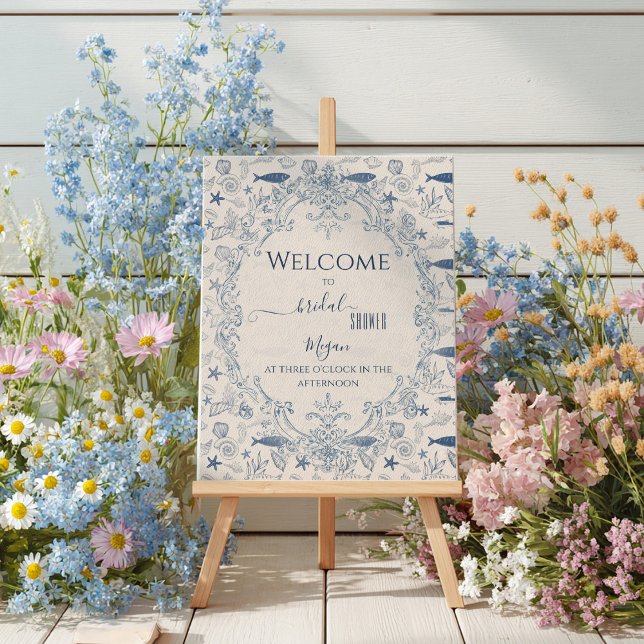 Blue toile Ocean Bridal Shower Welcome  Poster (Von Creator hochgeladen)