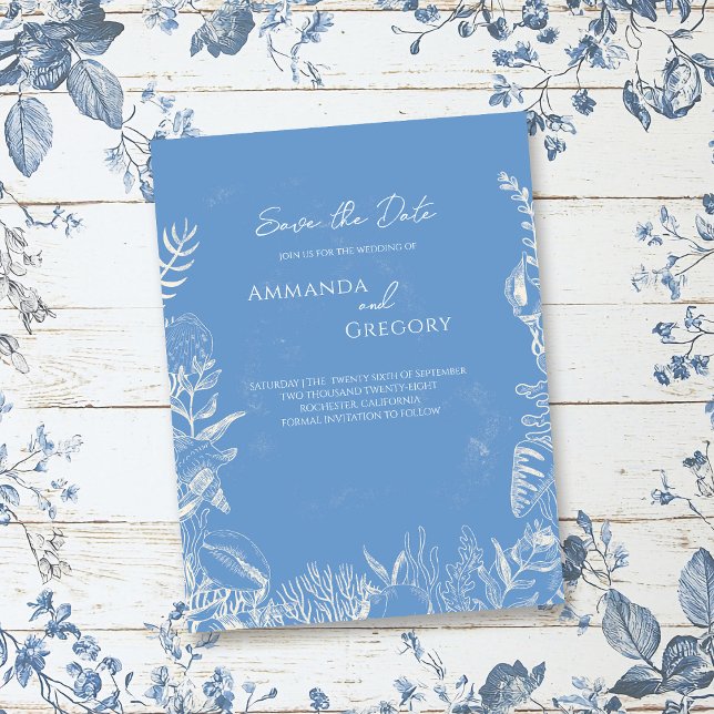 Blue Toile Ocean Thema Hochzeit Speichern Sie das  Ankündigungspostkarte (Von Creator hochgeladen)