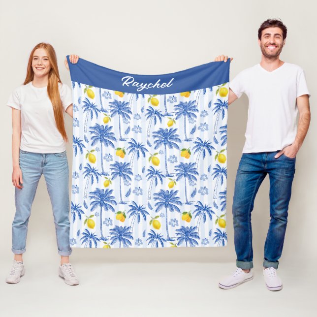 Blue Toile Palm Trees Lemons Monogram Name Fleecedecke (Beispiel)