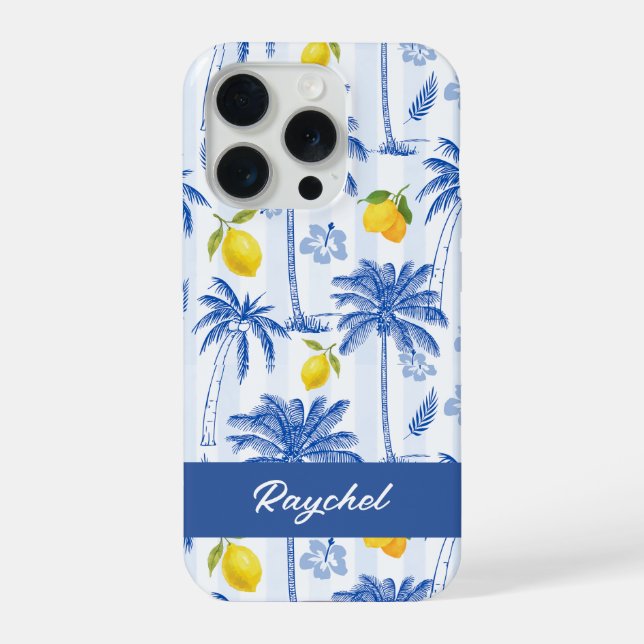 Blue Toile Palm Trees Lemons Monogram Name iPhone Hülle (Rückseite)