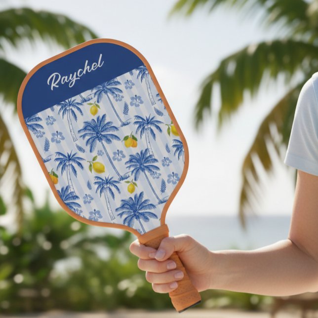 Blue Toile Palm Trees Lemons Monogram Name Pickleball Schläger (Von Creator hochgeladen)