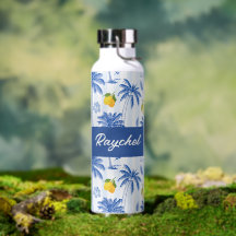 Blue Toile Palm Trees Lemons Monogram Name