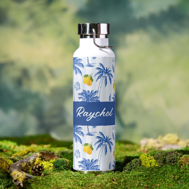 Blue Toile Palm Trees Lemons Monogram Name Trinkflasche (Außenbereich (gedreht))