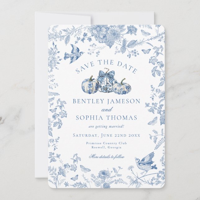 Blue Toile Pumpkin Französische Hütte Save the Dat Einladung (Vorderseite)