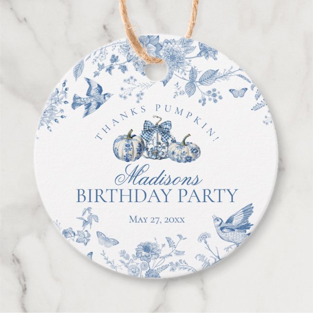 Blue Toile Pumpkin French Fall Birthday Circle Geschenkanhänger (Vorderseite)