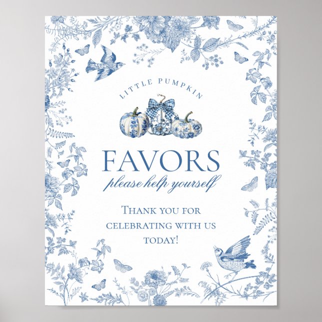 Blue Toile Pumpkin French Fall Floral Favors Sign Poster (Vorne)