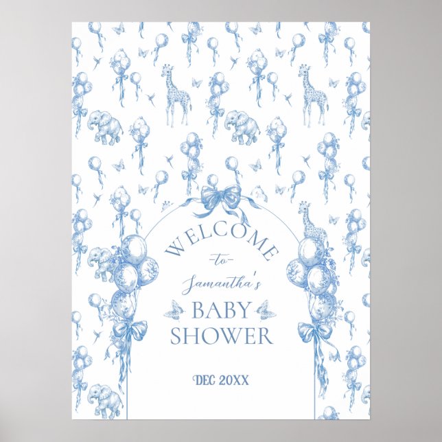 Blue Toile Safari Animal Baby Dusche Willkommen Poster (Vorne)
