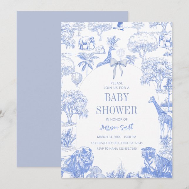 Blue Toile Safari Baby Dusche Einladung (Vorne/Hinten)
