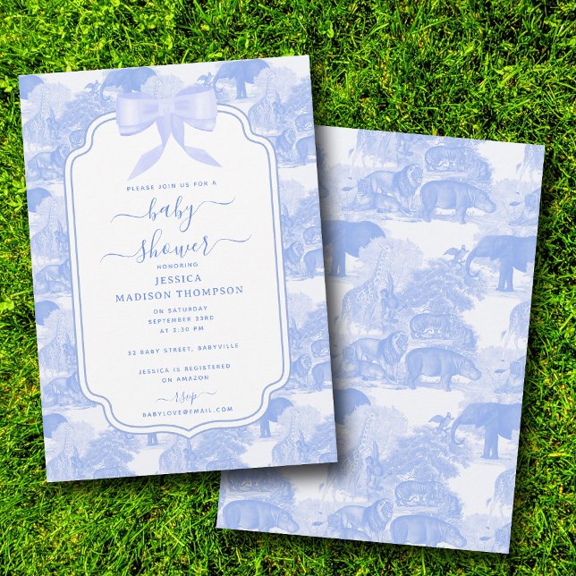 Blue Toile Safari Tiere Chinoiserie Babydusche Einladung (Blue Toile Safari Animals Chinoiserie Baby Shower Invitation)