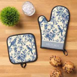 Blue Toile Shabby Chic Personalisiert Ofenhandschuh & Topflappen-Set