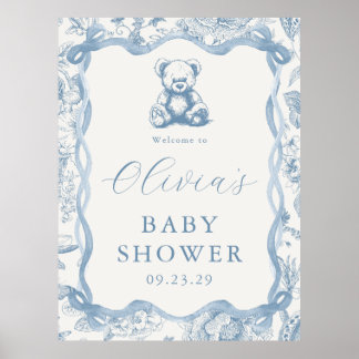 Blue Toile Teddy Bear Baby Dusche Begrüßungszeiche Poster