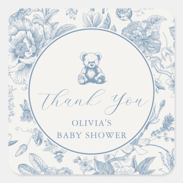 Blue Toile Teddy Bear Label Quadratischer Aufkleber (Vorderseite)