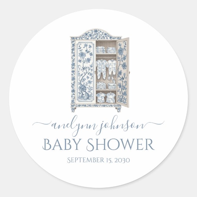Blue Toile Viktorianisch Wardrobe Baby Dusche Runder Aufkleber (Vorderseite)
