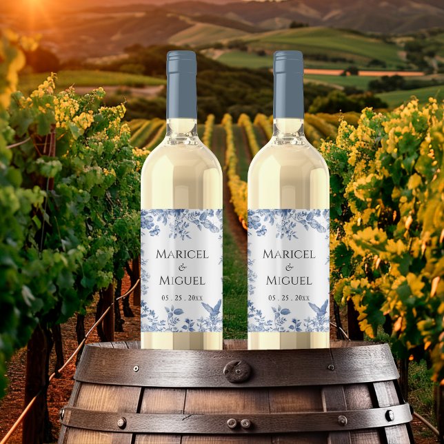 Blue Toile Vintage Wedding Weinetikett (Von Creator hochgeladen)