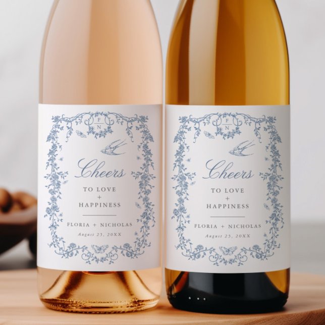 Blue Toile Wedding Wein Flasche Label Chinoiserie Weinetikett (Von Creator hochgeladen)