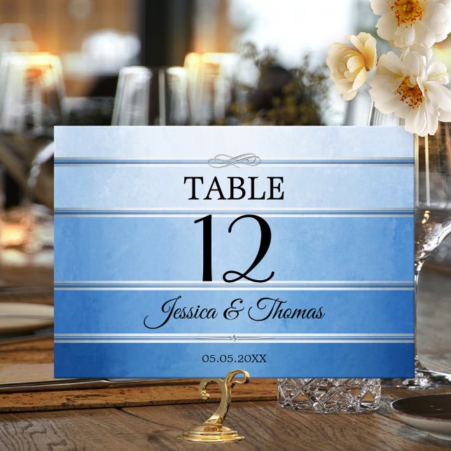 Blue Ton sur Ton Strip Tischnummer Card (Elegant table number card featuring a painted blue ton sur ton striped design with a silver lining)