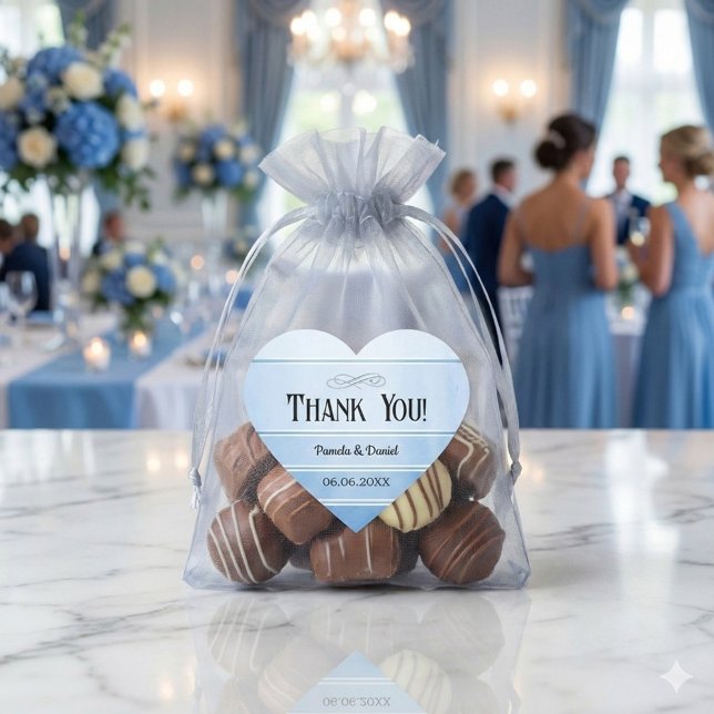 Blue Tone on Tone Striped Wedding Thank You Herz-Aufkleber (Thank you or favor sticker featuring a blue tone on tone striped design with a silver lining)
