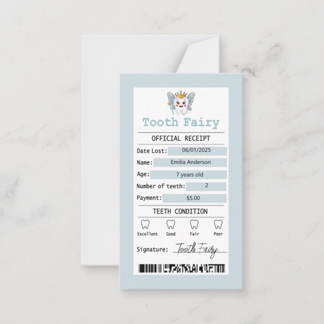 Blue Tooth Fairy Receipt Flat Note Card Mitteilungskarte (Vorderseite)