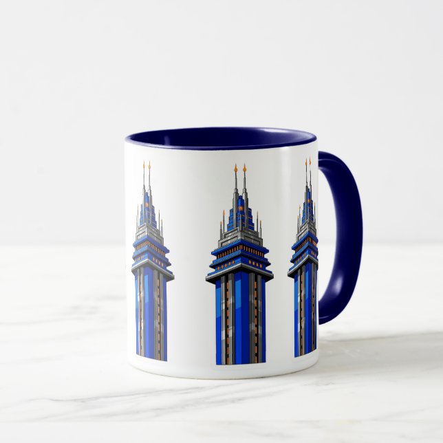  Blue Tower of Tomorrow: Sci-Fi Art Deco Sticker Tasse (VorderseiteRechts)