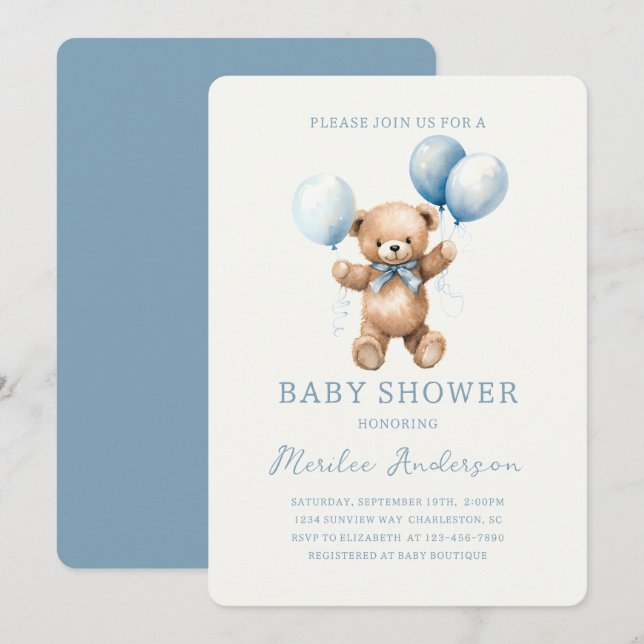 Blue Toy Bear Baby Baby Baby Shower Einladung (Vorne/Hinten)