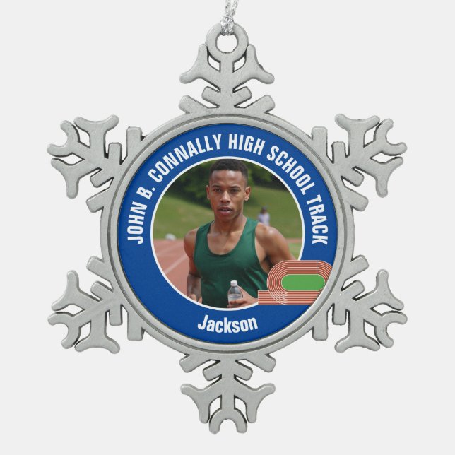Blue Track & Field Photo High School Athlete Schneeflocken Zinn-Ornament (Vorderseite)
