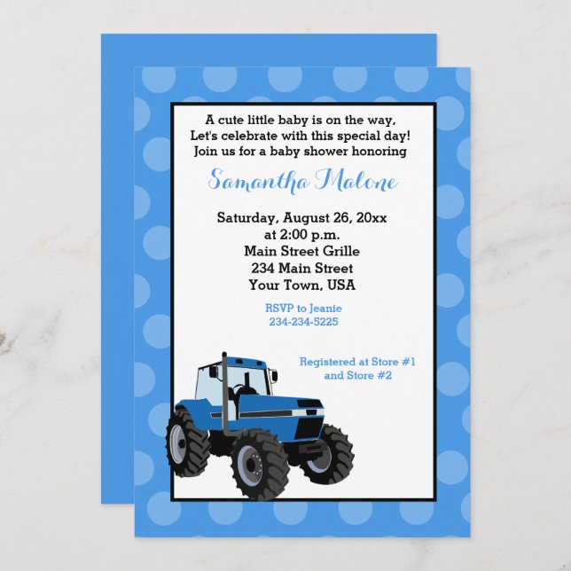 Blue Tractor Farm Baby Shower Einladung #2 (Vorne/Hinten)