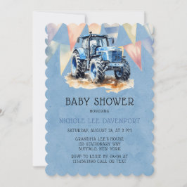 Blue Tractor Flag Watercolor Boy Baby Dusche Einladung