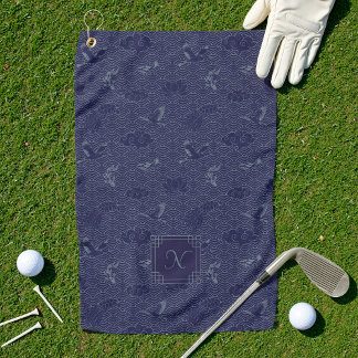 Blue Traditional Japanese Wave Seigaiha Monogram Golfhandtuch