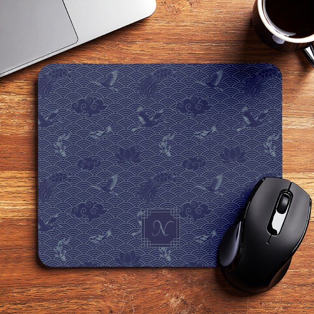 Blue Traditional Japanese Wave Seigaiha Monogram Mousepad (Von Creator hochgeladen)