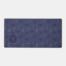Blue Traditional Japanese Wave Seigaiha Monogram Schreibtischunterlage