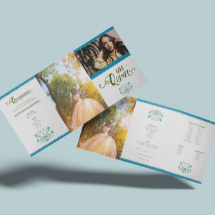 Blue Traditional Mexico Floral Photo Quinceanera Dreifach Gefaltete Einladung