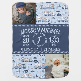 Blue Train Adventure Birth Stats Baby Blanket Babydecke