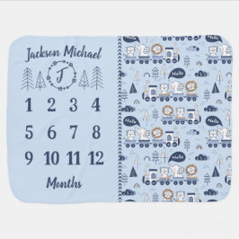 Blue Train Adventure Milestone Baby Blanket Babydecke