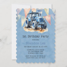 Blue Traktor Flag Watercolor Boy 1st. Birthday Par