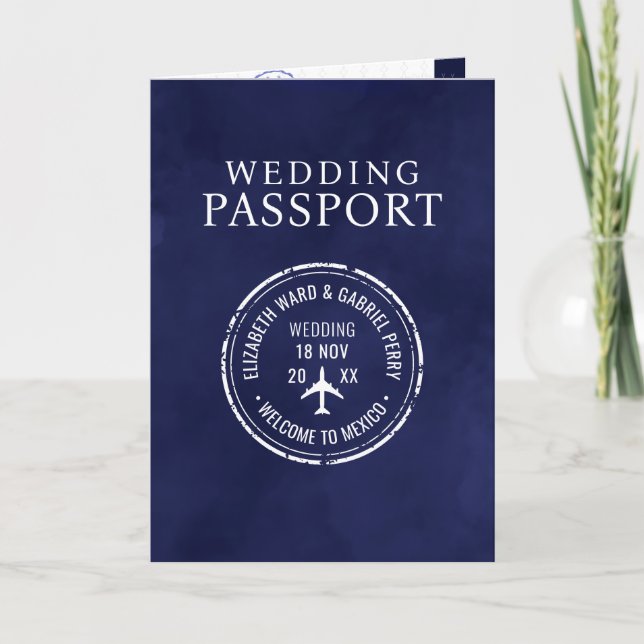 Blue Travel Hochzeit in Urlaubsort Passport Einladung (Vorderseite)