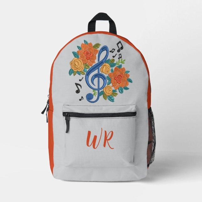 Blue Treble Clef Musiknote Orange Initials Bedruckter Rucksack (Vorderseite)