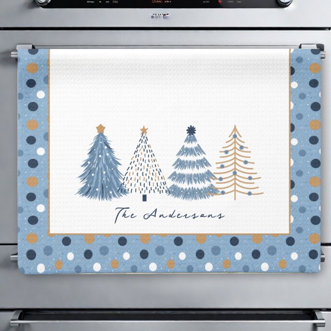 Blue Trees Modern Dots Weihnachtsname Geschirrtuch (Blue Trees Modern Dots Christmas Holiday Name Kitchen Towel)