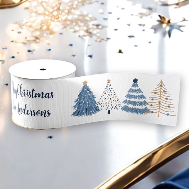 Blue Trees Modern Simple Christmas Name Text Ripsband (Blue Trees Modern Simple Christmas Name Text Grosgrain Ribbon)