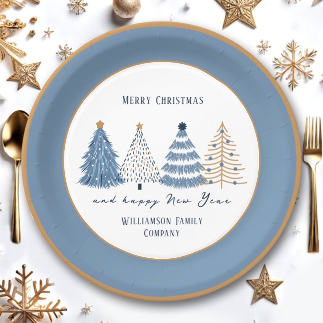 Blue Trees Modern Text Name Weihnachtsfeiertag Pappteller (Blue Trees Modern Text Name Christmas Holiday Paper Plates)
