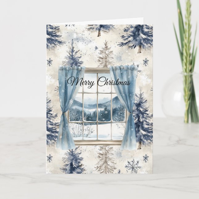 Blue Trees Snowflakes Christmas Window Karte (Vorderseite)