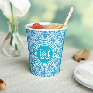Blue Trellis Print Modern White Text Pappbecher