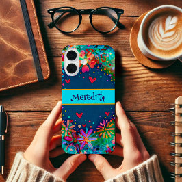 Blue Trendy Floral Fun Inspirivity Name iPhone 16 Hülle