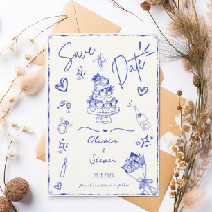 Blue Trendy Hand Drawn Scribble Fun Save the Date Einladung