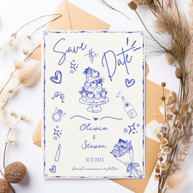 Blue Trendy Hand Drawn Scribble Fun Save the Date Einladung (Von Creator hochgeladen)