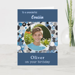 Blue Trendy Modern Cousin Birthday Custom Photo Karte