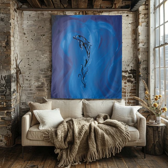 Blue Tribal Dolphin Wandteppich (Von Creator hochgeladen)