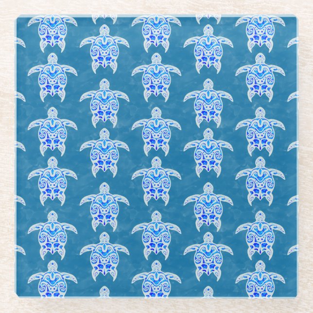 Blue Tribal Honu Sea Turtles Glasuntersetzer (Vorderseite)