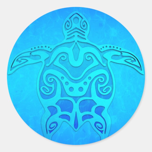 Blue Tribal Turtle Runder Aufkleber (Vorderseite)