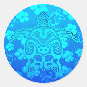 Blue Tribal Turtle Runder Aufkleber