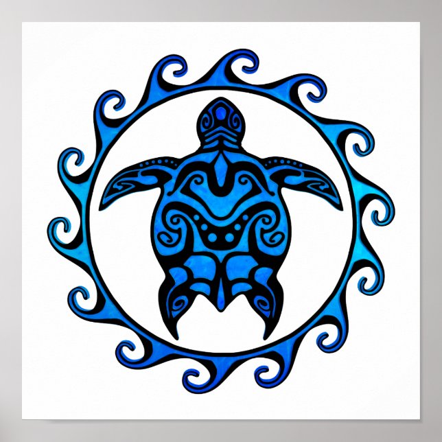 Blue Tribal Turtle Sun Poster (Vorne)
